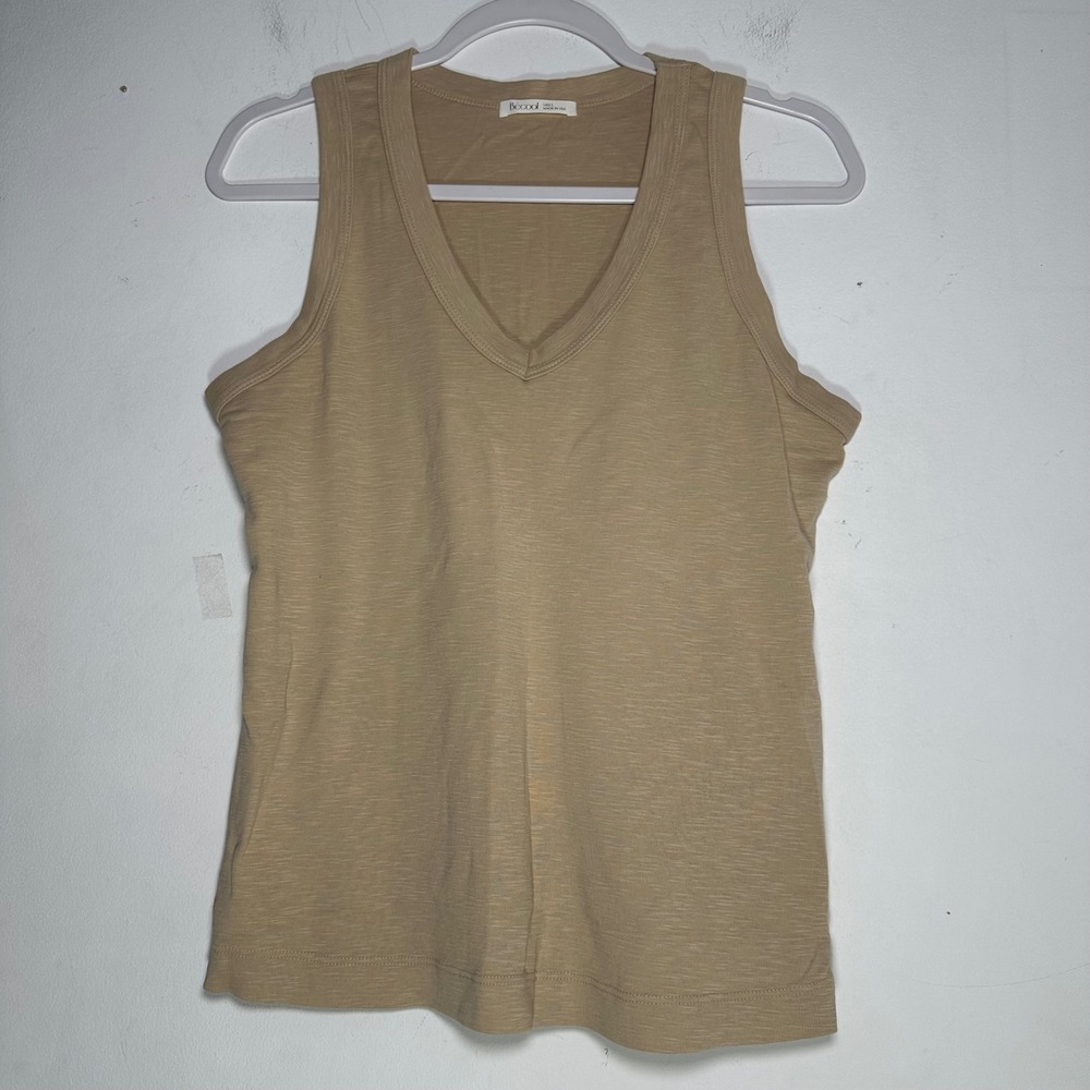 Becool Womens V-Neck Cotton Slub Knit Tank Top Tan Khaki Made in USA Large 18781